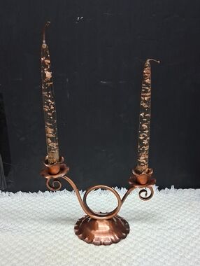 Vtg. Gregorian solid copper candle holder featuring two decorative lucite candle